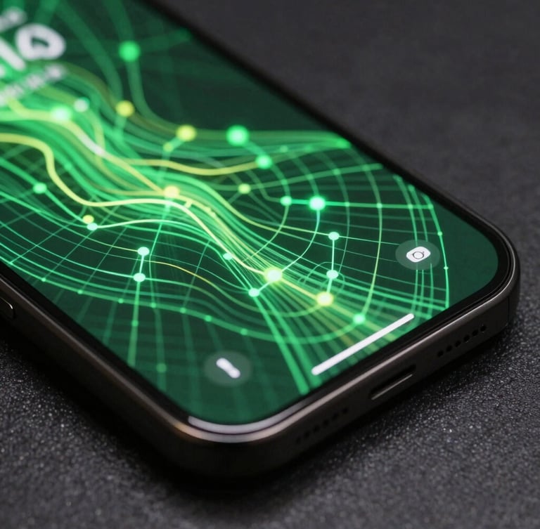 Angled close-up of a dark physical phone screen showing a vibrant vector wireframe interface with electric green accents, neon ambient reflections on glass.