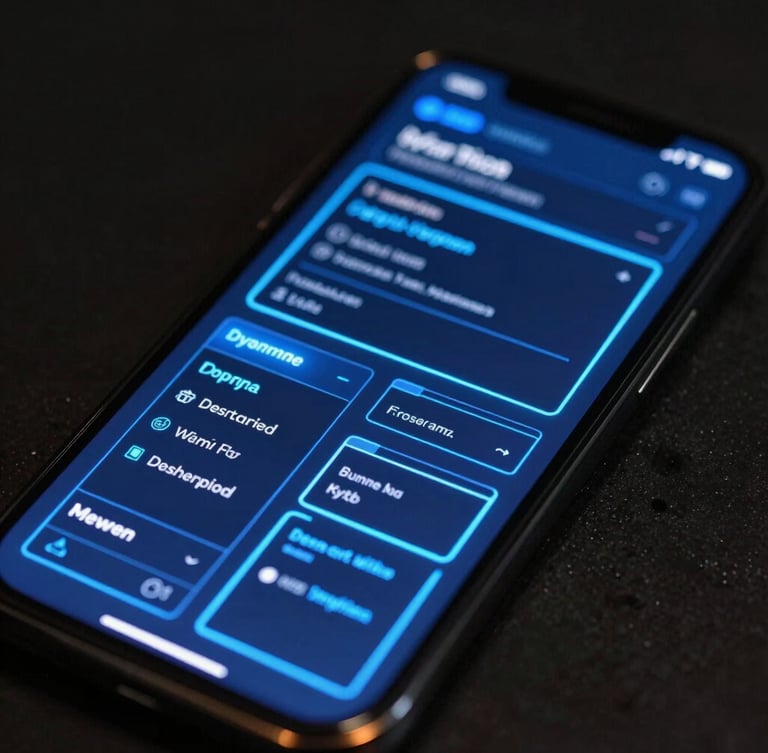 Dynamic angled close-up of a mobile screen showing raw vector UI wireframes glowing with neon cyber-blue light, dark ambient background