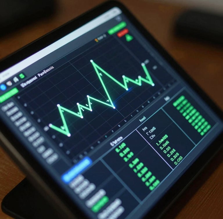 Extreme close-up of a high-fidelity physical Android device screen displaying a system monitor interface with electric green and cyber-blue telemetry lines, dark ambient room glow with neon reflections on glass, angled composition