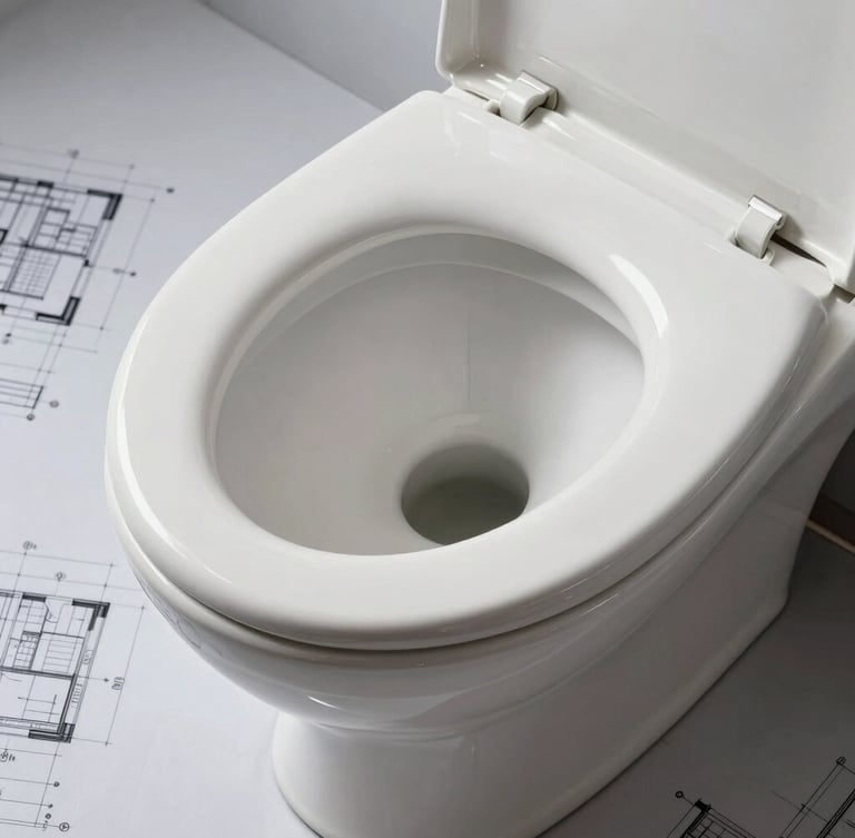 Technical cross-section diagram of a ceramic toilet bowl showing the glazed trapway and rimless flush water path, architectural blueprint style