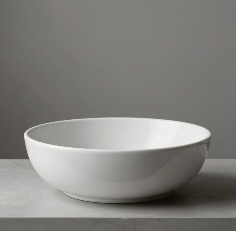 Orthographic side-profile shot of a minimalist tabletop wash basin, showing its ultra-thin rim and flawless white glaze, set against a neutral gray architectural backdrop.