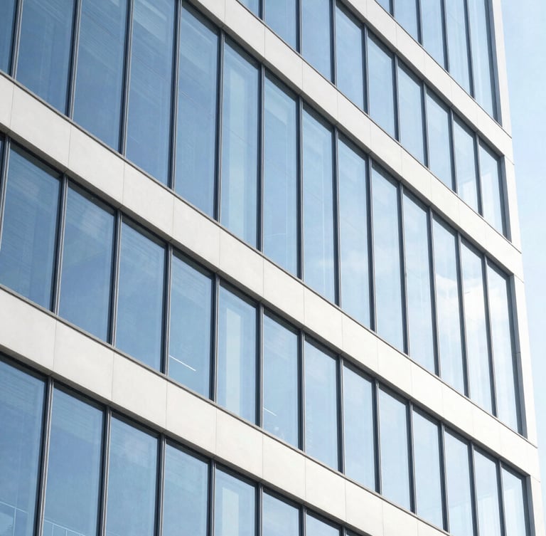 Sharp architectural photography of a modern glass office building, clean structural lines, bright high-key natural daylight, electric blue highlights, 35mm lens