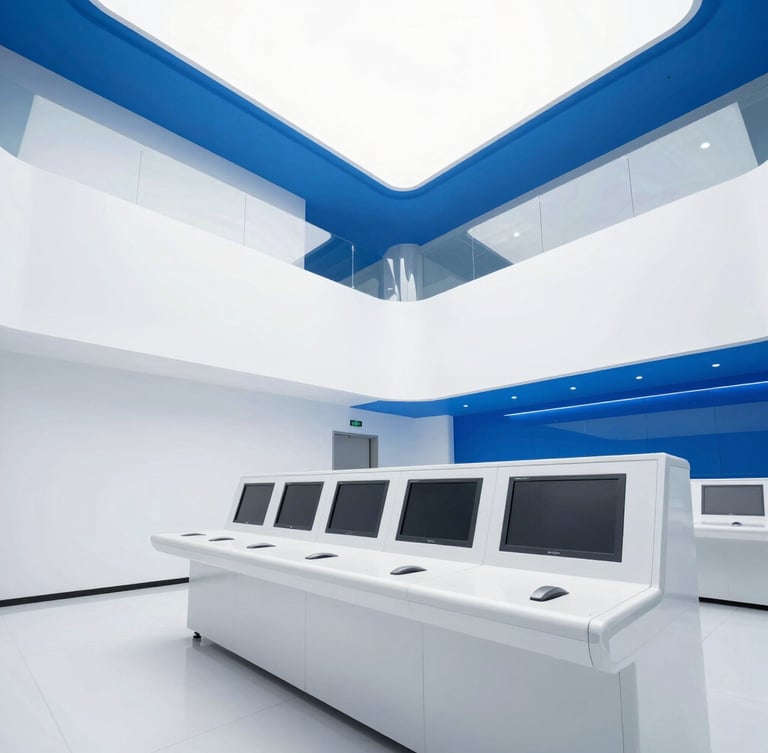 Bright architectural photography of a modern high-tech control room with clean geometric lines, flooded with high-key natural daylight, electric blue highlights.