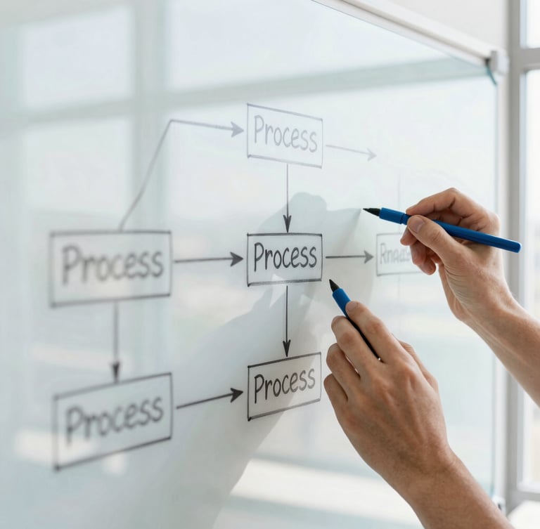 Close-up of hands sketching a clean process map on a glass whiteboard, sharp focus, crisp natural window light, architectural symmetry.