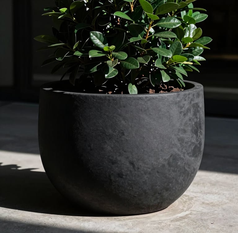 Dramatic architectural close-up of a monolithic charcoal-black fiber planter on a raw concrete terrace, sharp side-lighting casting long shadows, deep emerald green foliage, medium format.