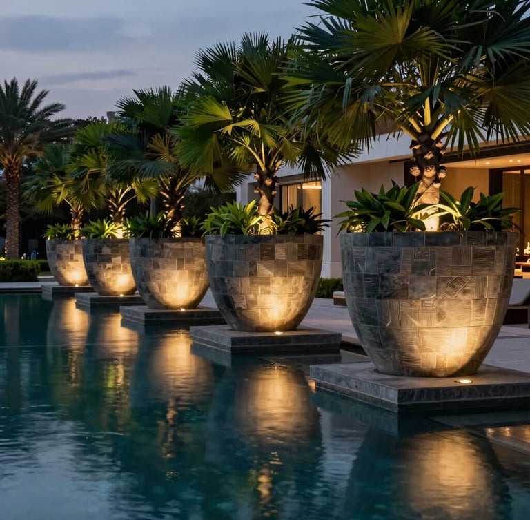 A stunning portrait of massive custom-engineered planters lining a luxury resort pool at dusk, warm lighting casting long silhouettes on the water, high contrast