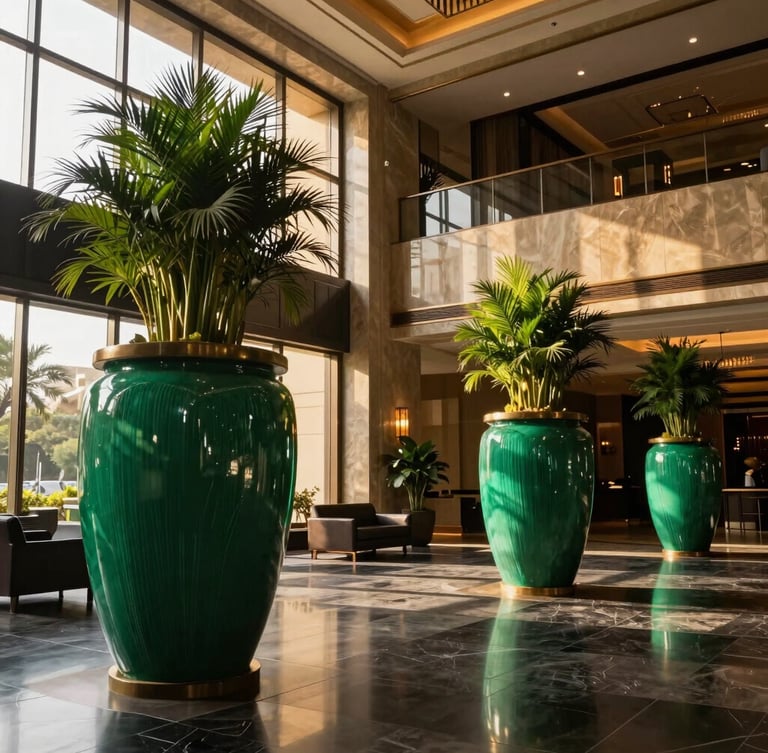 Wide environmental shot of a luxury hotel lobby in India with massive custom-sized emerald green fiber planters, warm golden-hour sun filtering through high windows.