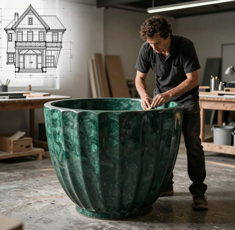 Architectural drawing overlaying a photograph of a massive custom-molded planter being polished by a craftsman in a clean, modern workshop