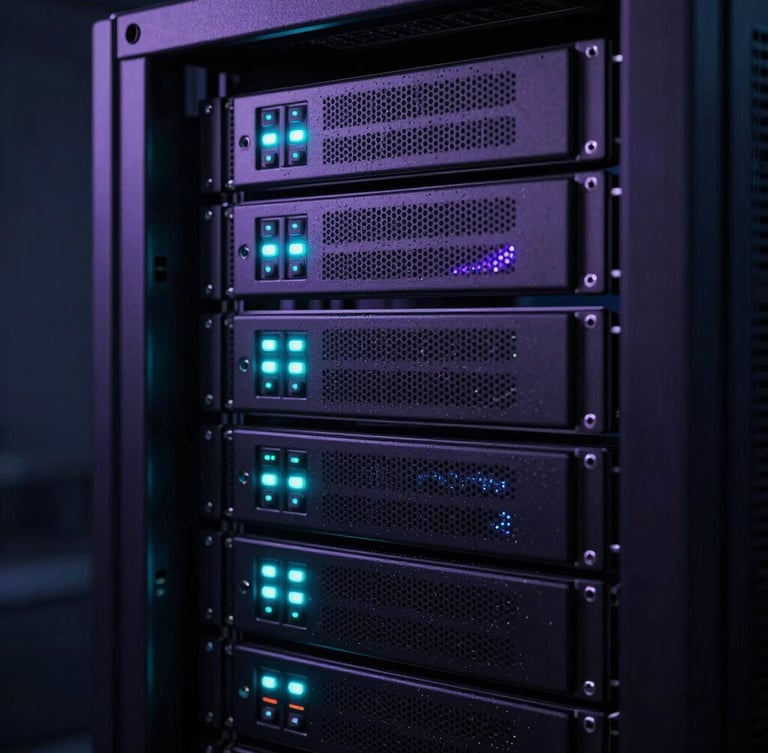 sleek dark-mode technology photography of high-end server racks with glowing status lights, moody low-key ambient lighting, neon cyan and violet accents, sharp macro focus, 35mm