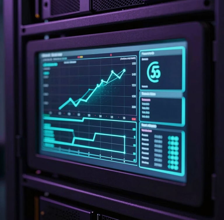 Sleek dark-mode technology photography, macro focus on a glowing server rack telemetry screen showing real-time network monitoring charts, neon cyan accents, low-key lighting, 35mm