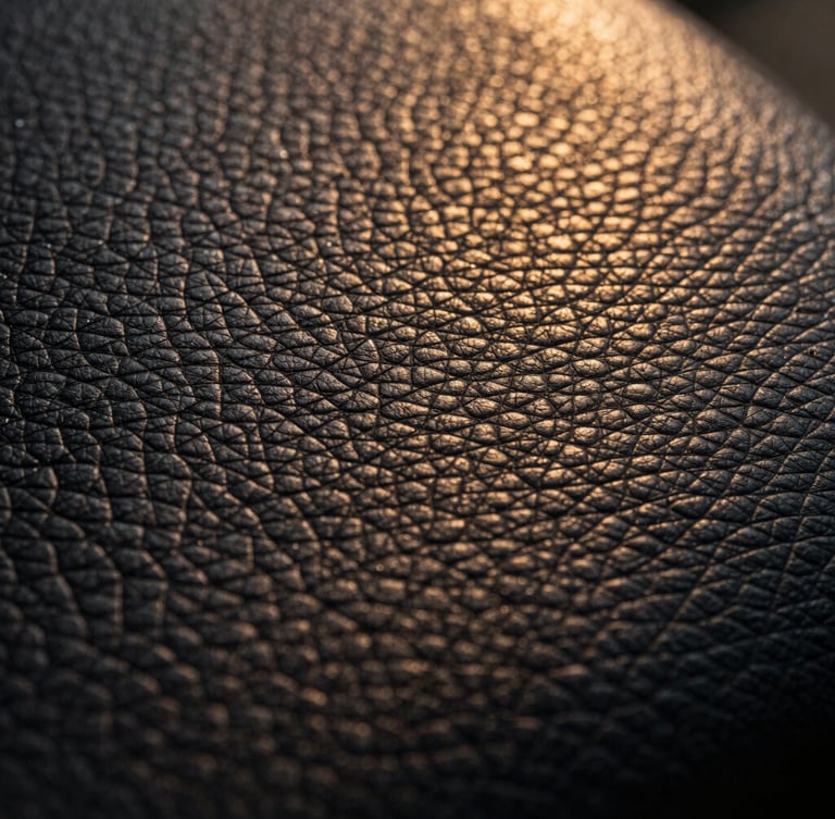 Extreme close-up side-lit dark desaturated leather grain, dramatic chiaroscuro lighting, warm golden-hour undertones, showcasing micro-precision texture and grade-A selection.