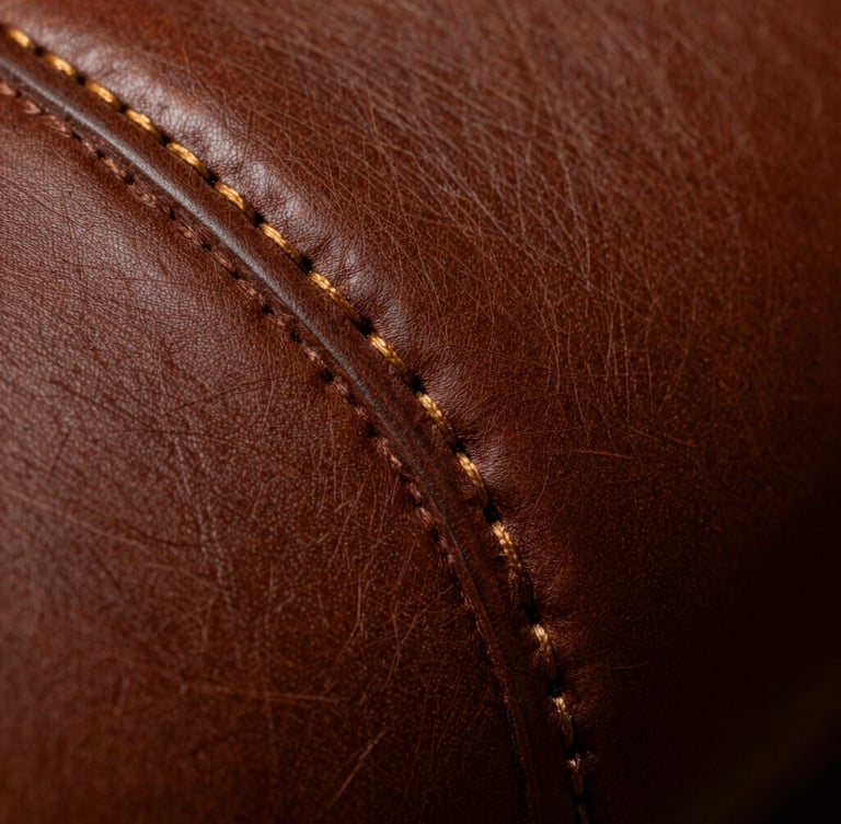 Extreme macro close-up of precise double-stitching on rich desaturated brown leather, dramatic side lighting, chiaroscuro, showing fine grain texture and gold thread.
