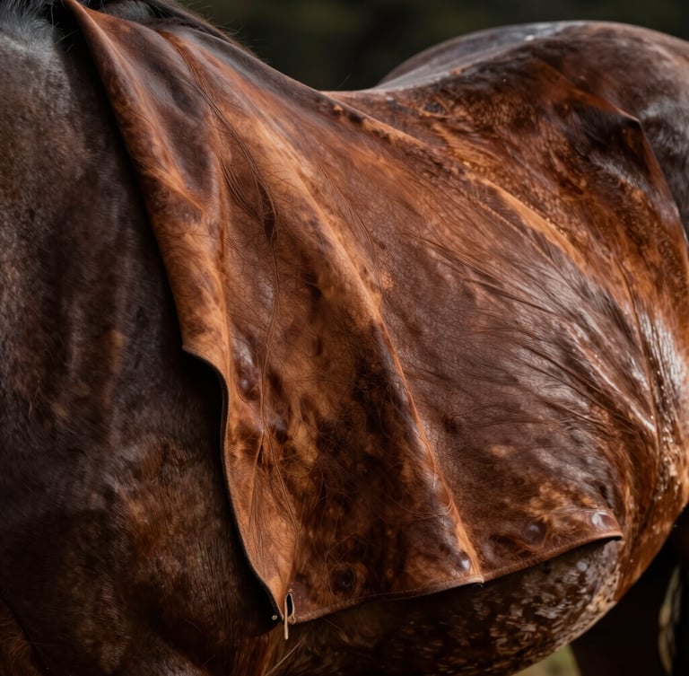 Extreme close-up of desaturated leather brown hide draped over a dark wooden horse, dramatic side lighting highlighting the natural pores and grain texture, cinematic chiaroscuro