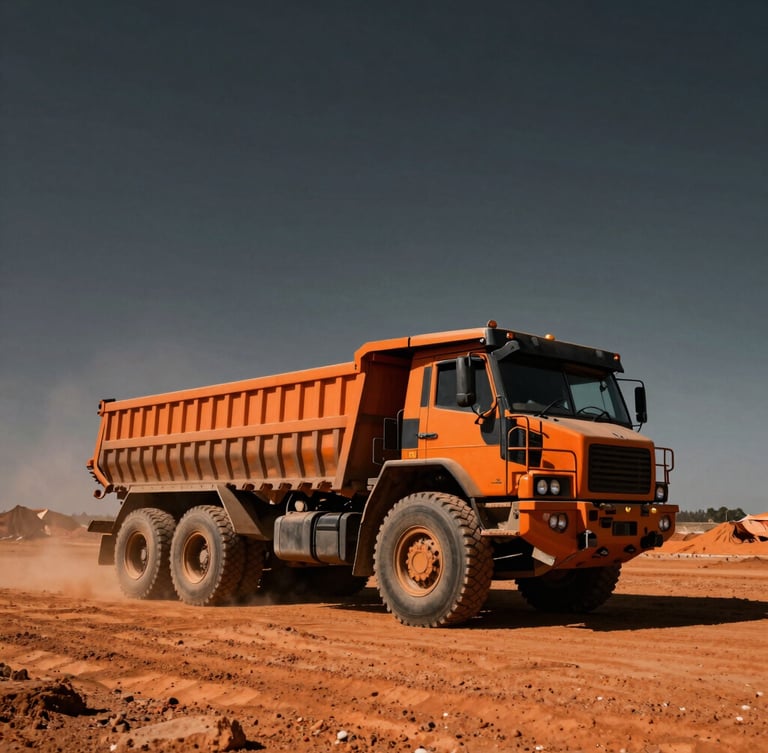 Low-angle wide environmental shot of a heavy-duty haulage truck parked on dusty orange earth at a Chingola mining site, high-contrast afternoon sun, dramatic industrial scale.