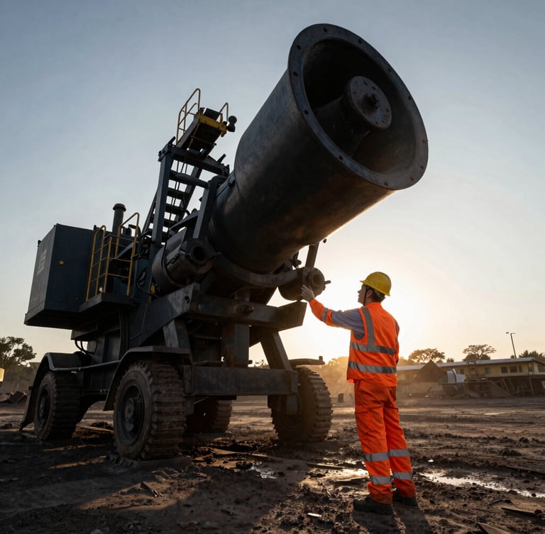 Low-angle industrial photography of a safety inspector in orange high-visibility vest and hardhat checking heavy equipment at a dusty golden-hour mining site in Zambia, dramatic scale