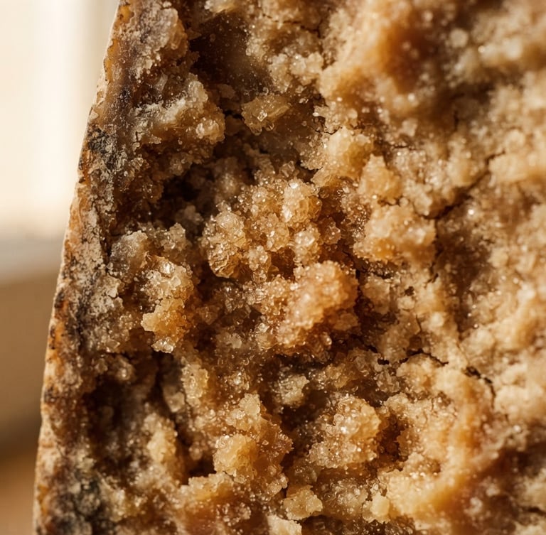 Extreme close-up of textured cave-aged cheese showing crystallization, warm side window light, deep soft shadows, tactile food photography, 35mm