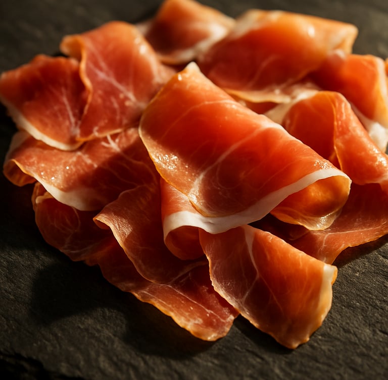 Overhead still-life of sliced prosciutto di Parma on dark slate, glistening fat textures, warm late afternoon side light, shallow depth of field