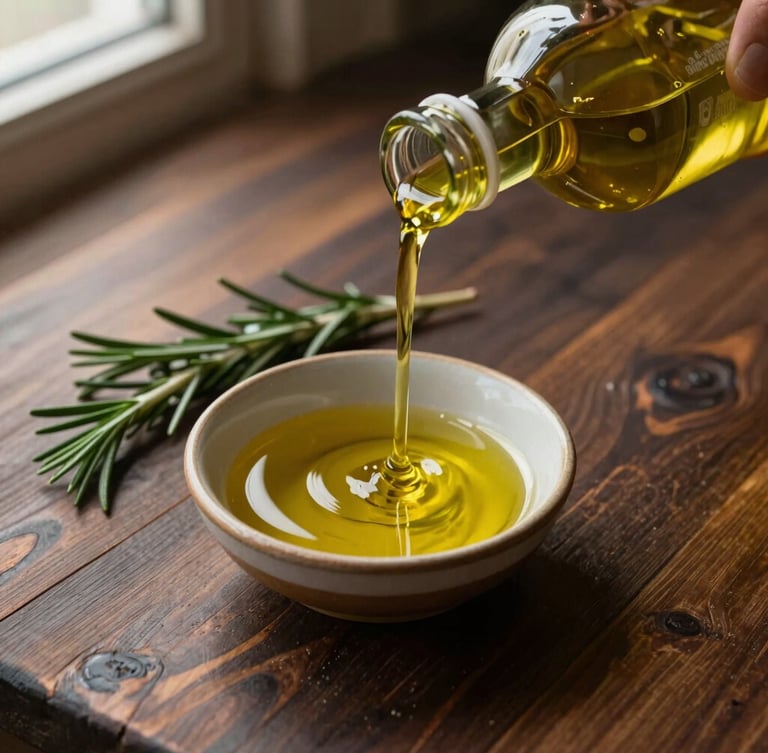 Overhead still-life of a dark wooden table with estate olive oil pouring into a small ceramic bowl, rosemary sprigs, warm side lighting, 35mm