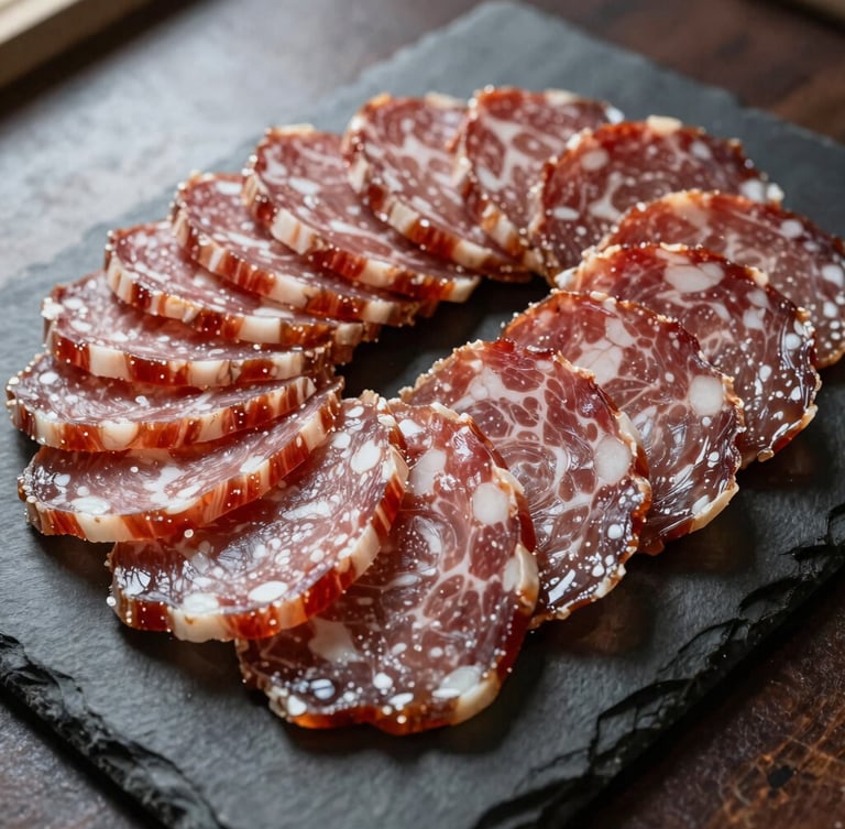Overhead still-life of glistening sliced charcuterie on a dark slate board, rich directional side-light, shallow depth of field, 35mm