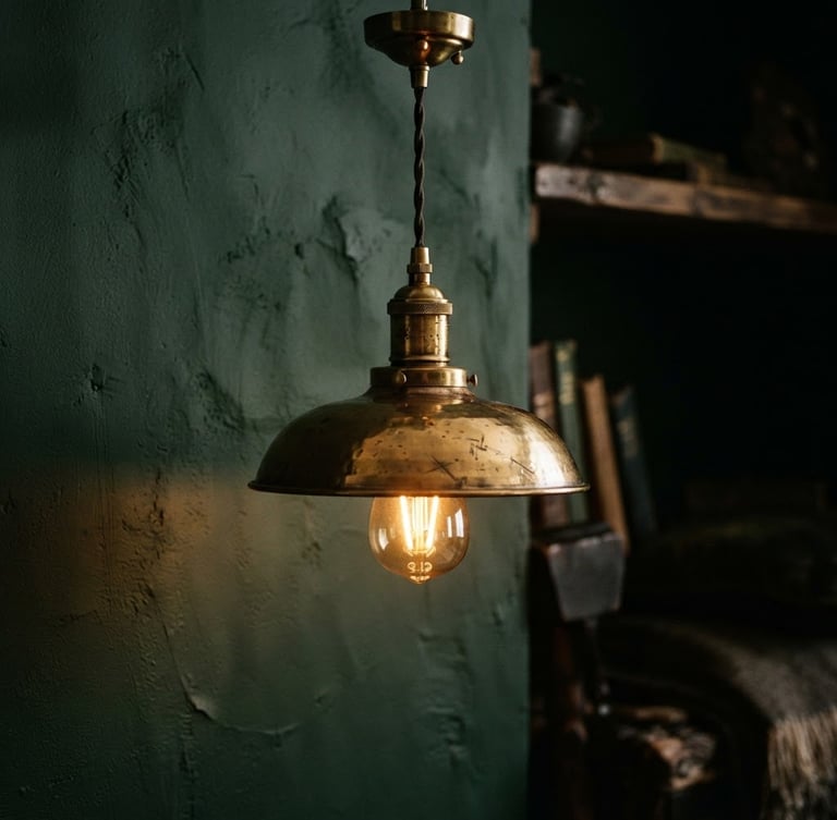 Close-up shot of a solid brass pendant lamp glowing with warm ambient light in a moody, low-key forest green room, 35mm lens, tactile textures