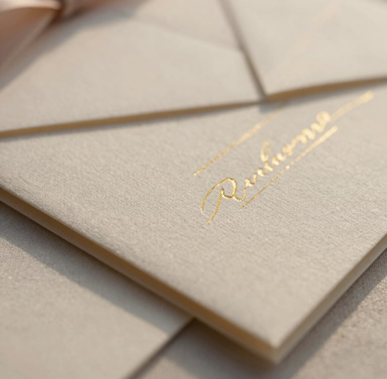 Warm editorial 35mm photography, close-up macro shot of elegant gold-foiled wedding stationery resting on textured ivory linen, soft sea-breeze light reflecting off metallic edges, shallow depth of field.