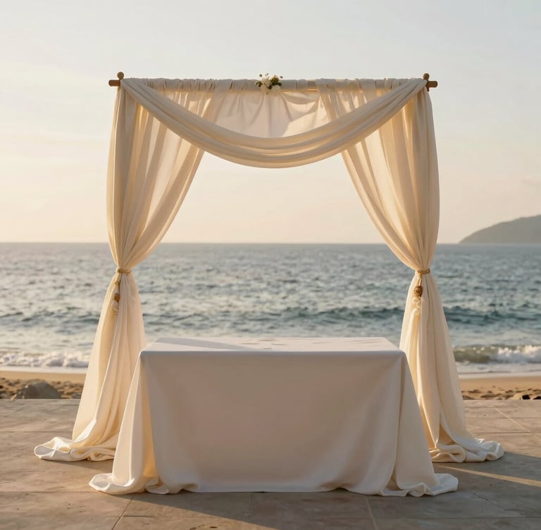 A wide-angle editorial shot of a luxury oceanfront wedding altar in Nha Trang, draped in silk under warm golden-hour coastal light, 35mm.