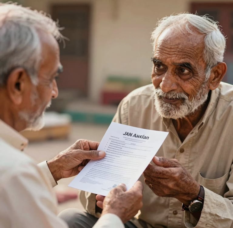 Close-up of a friendly local facilitator in Rajasthan explaining a Jan Aadhaar document to an elderly citizen, warm lighting, natural interaction