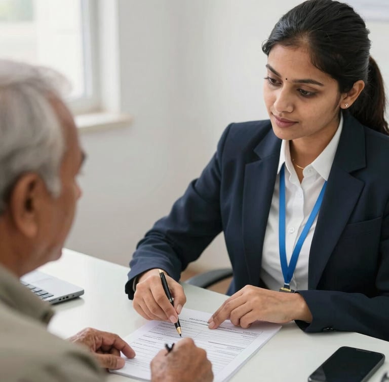 Medium close-up of a helpful service agent in a bright Nagaur office guiding an elderly resident through an official printed application form.
