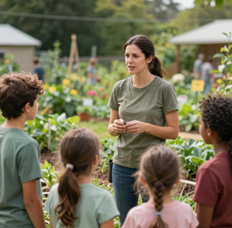 A warm, daylight-filled medium shot of a community garden coordinator talking with a local family, rich organic forest green and soil tones, authentic human connection.
