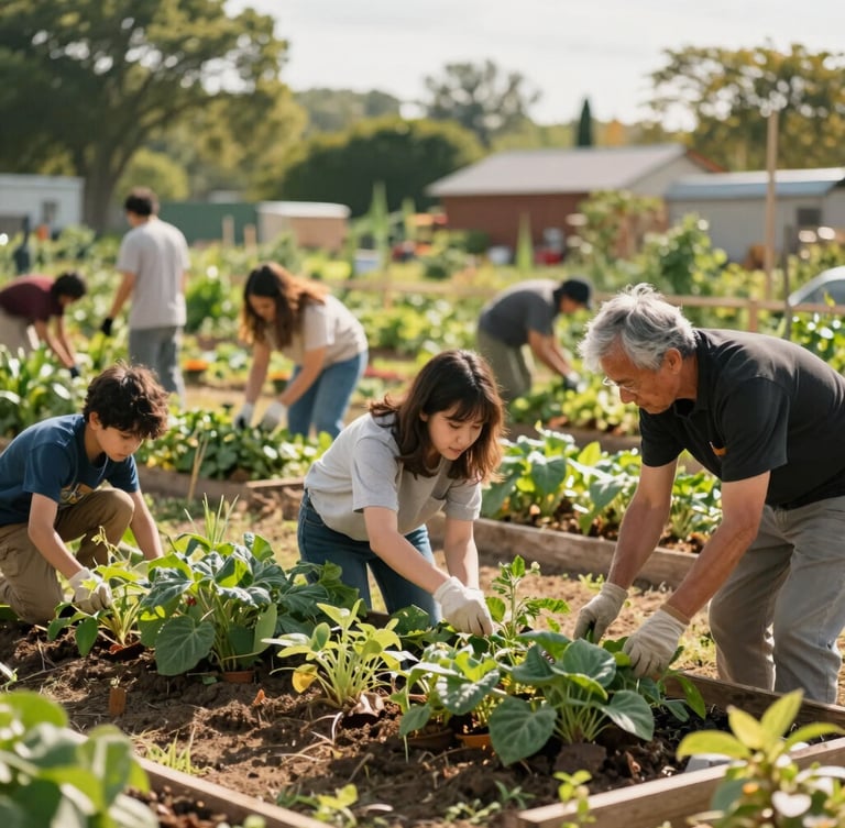 A wide, candid medium shot of a local community garden project, families and leaders working together under soft morning sun, rich organic tones.
