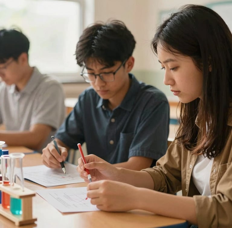 An unposed environmental portrait of two high school students collaborating on a science project in a bright, daylight-filled classroom, warm organic tones, shallow depth of field.