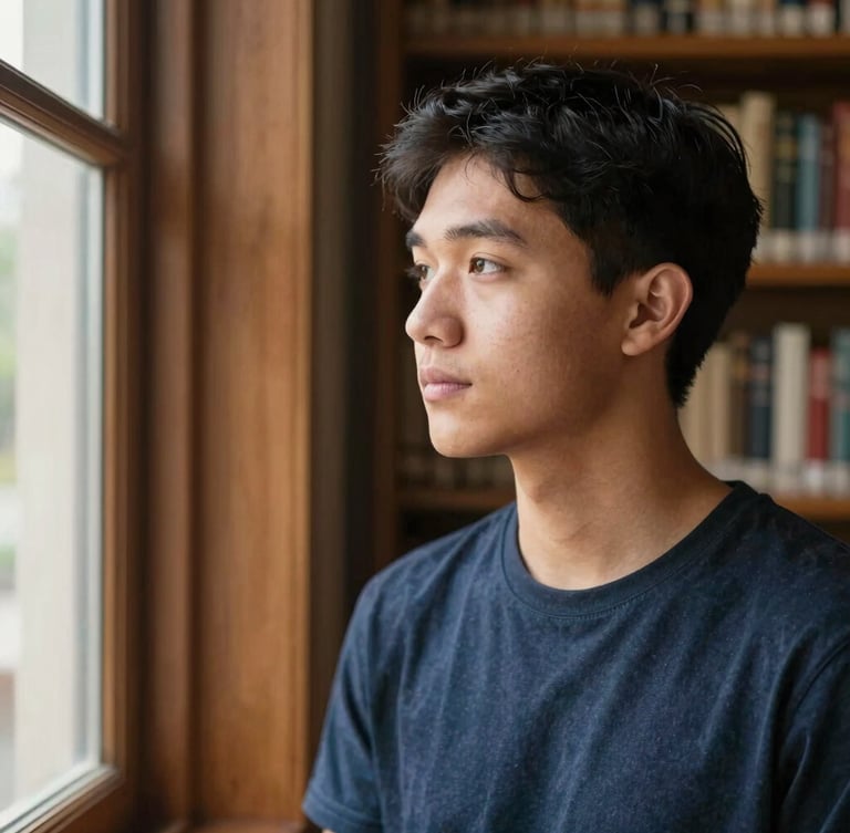Environmental portrait of a young adult student looking thoughtfully out a window, soft morning daylight illuminating their face, warm library background with wooden shelves, rich organic tones.