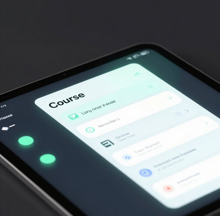 Close-up of a dark-mode tablet displaying a course module, with glassmorphic elements and subtle neon green light reflections. Modern workspace, sleek 3d render, high-tech, octane render, isometric view.