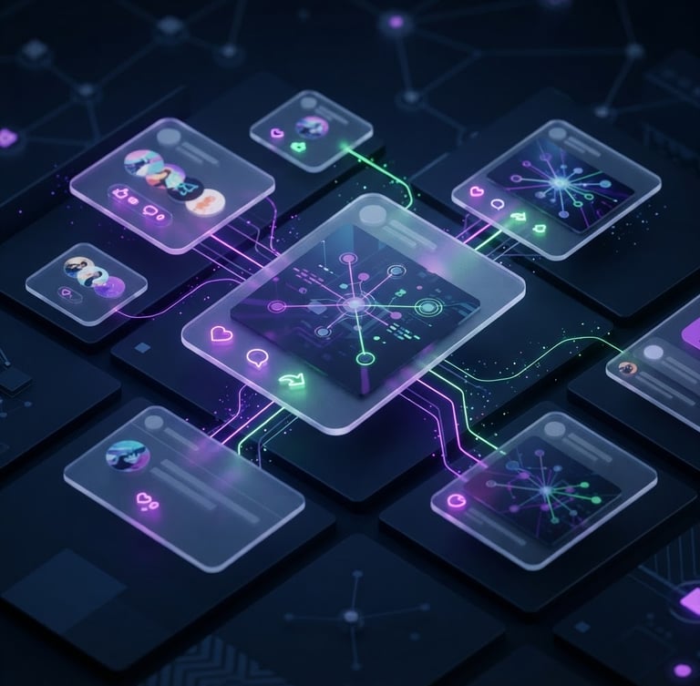 Sleek 3D render of a modern social feed interface, dark mode, with glassmorphic cards, glowing neon accents (purple and green), showing user posts and reactions. Focus on a central post with abstract network nodes connecting to other elements. High-tech, isometric view, octane render.