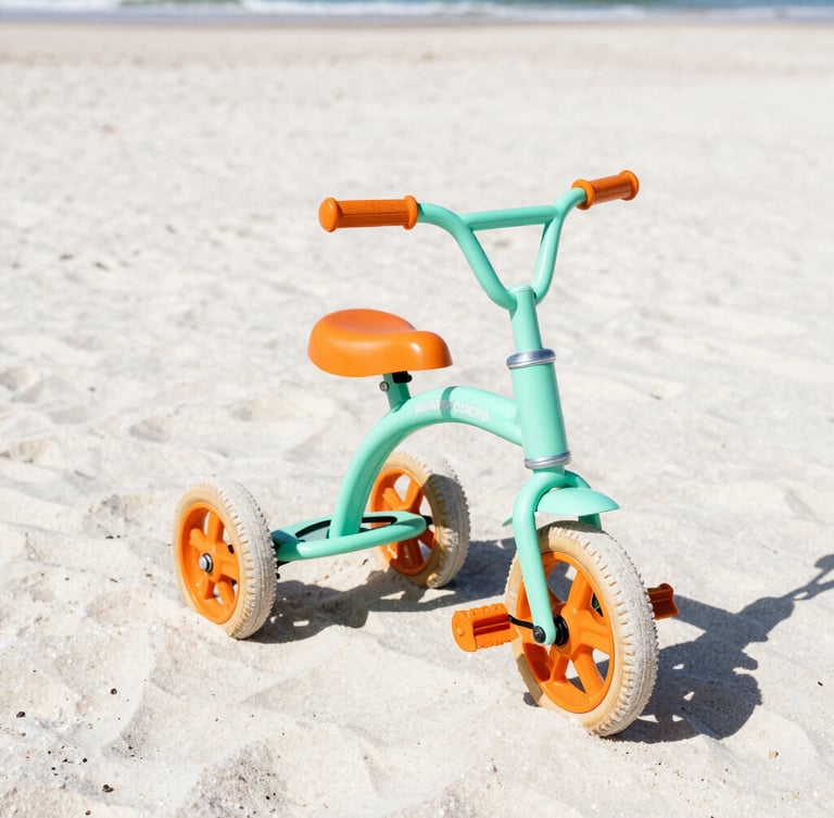A custom Fuego Sushi tricycle with vibrant orange wheels parked on the white sand beach of Marassi, bright direct midday coastal sunlight, seafoam green accents, 35mm