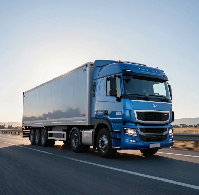 Dynamic low-angle shot of a modern Pollux Project freight truck driving on an open Spanish highway at sunrise, metallic blue tones, crisp commercial photography