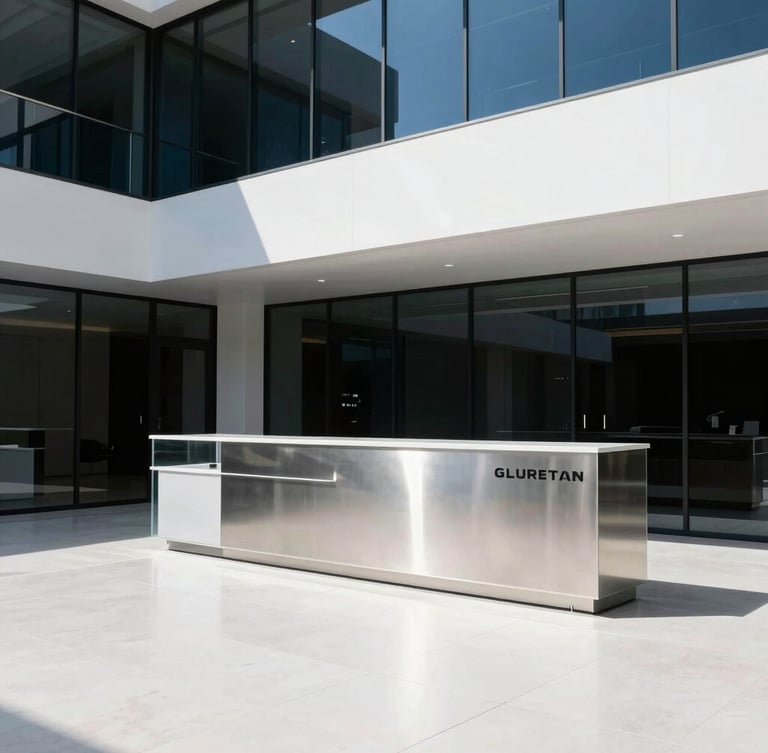 Crisp architectural photography of a minimalist corporate lobby in Dubai, featuring a high-end brushed steel and acrylic reception sign illuminated by clean daylight, wide-angle