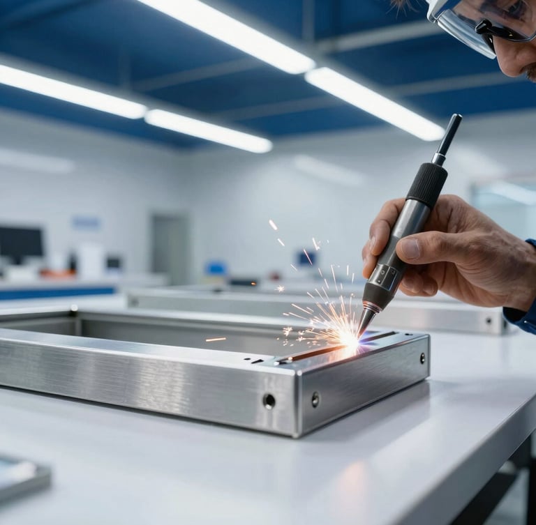 Macro shot of a technician precision-welding a brushed steel structural sign frame in a clean, modern Dubai workshop, sparks focused, high-contrast industrial lighting.