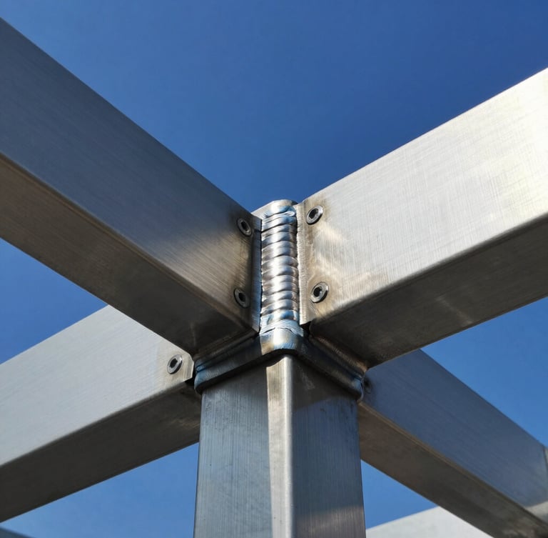 Macro shot of a seamless weld on a stainless steel structural sign frame, crisp daylight reflecting off brushed metal, technical precision, high-contrast.