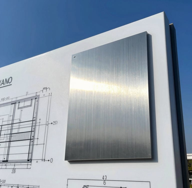 Close-up of a technical blueprint showing structural wind-load calculations for an architectural sign, overlaid with a clean brushed steel material sample, crisp daylight.