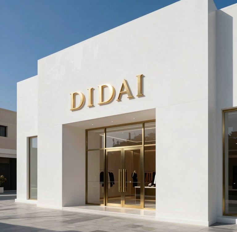 Crisp daytime architectural photography of a luxury retail storefront in Dubai with premium illuminated 3D brass lettering, clean geometric lines, high-contrast shadows.