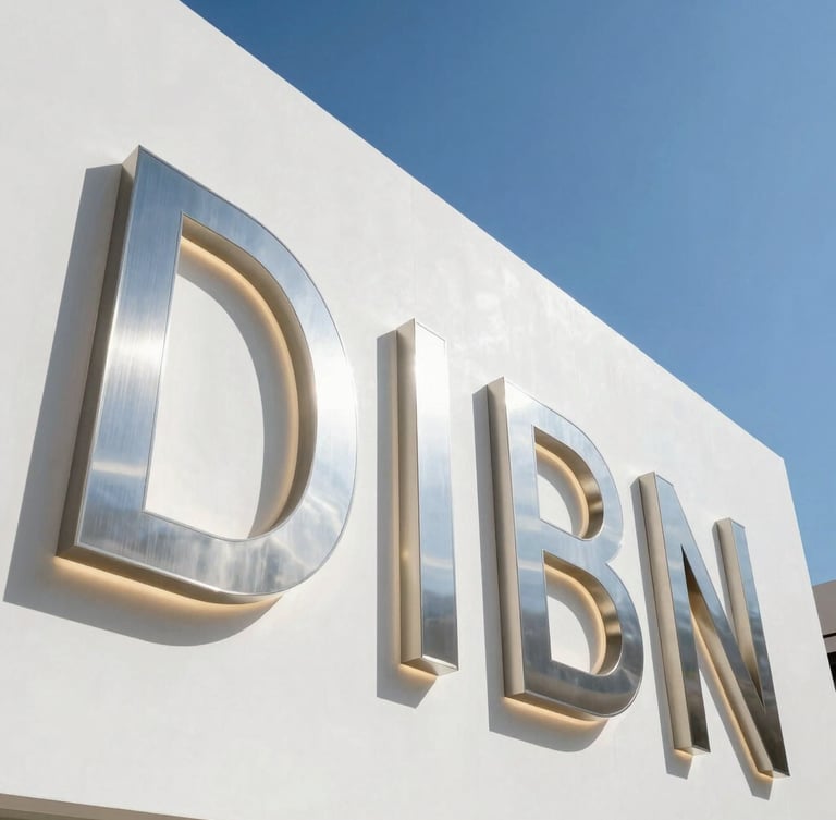 Wide-angle architectural photography of a luxury retail facade in Dubai, featuring massive brushed stainless steel 3D lettering illuminated with crisp white halo LED backlighting, sharp daylight, clean shadows.