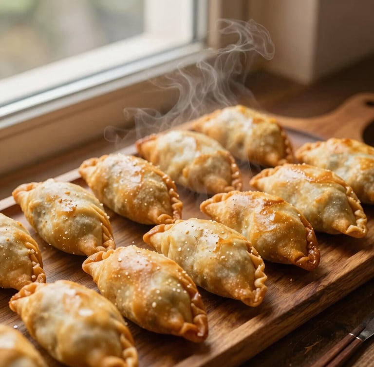 Overhead shot of a rustic wooden platter filled with golden-brown coxinhas and empadas, warm side lighting, steam gently rising, cozy bakery window background.