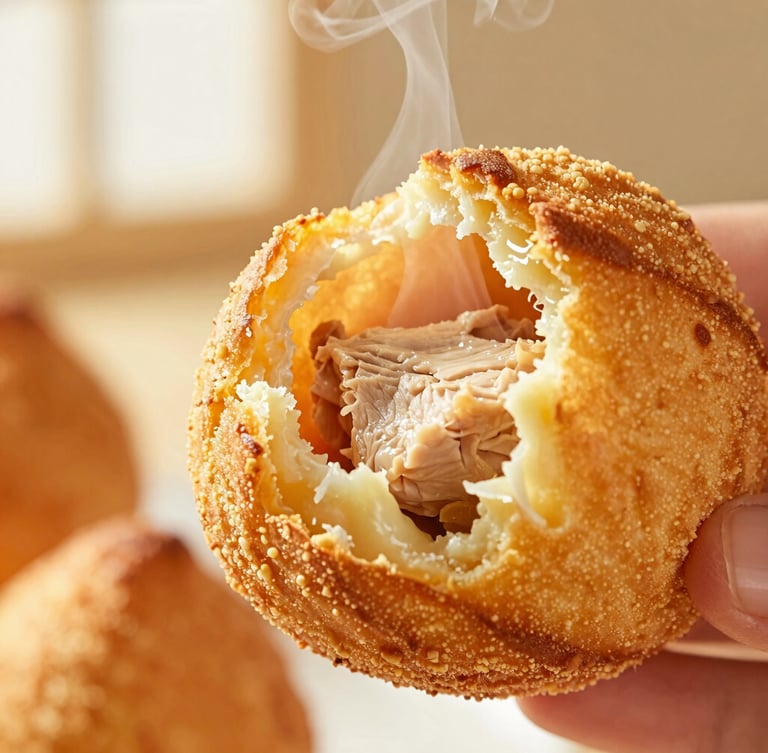 Macro close-up of a golden-brown coxinha being gently pulled apart, steam rising, creamy chicken filling visible, warm bakery side-light, shallow depth of field