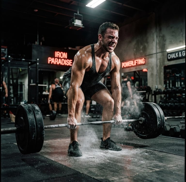 Dynamic low-angle shot of a sweating athlete mid-deadlift in a dark gritty gym, dramatic rim lighting, chalk dust in the air