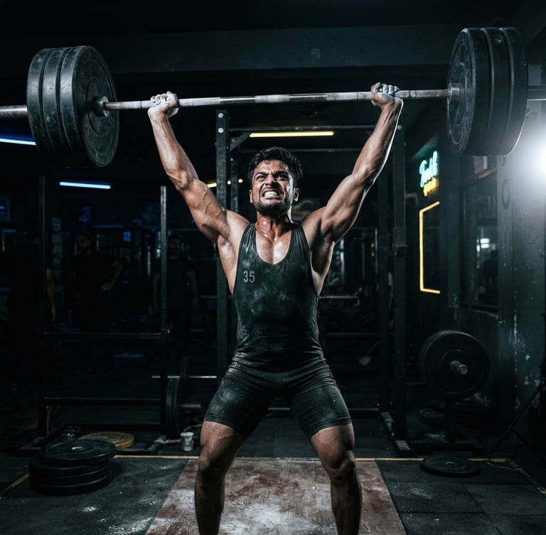 Powerful Indian male athlete mid-lift, chalked hands gripping a heavy barbell, intense focus, dramatic low-angle, high-contrast lighting, deep shadows, gritty athletic photography, desaturated tones with neon accents
