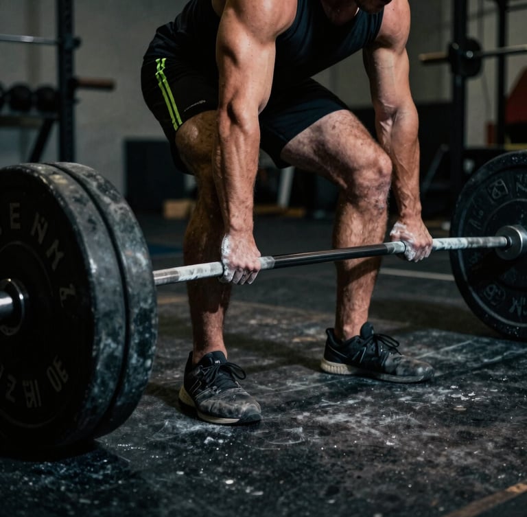 Athlete performing a heavy deadlift, chalked hands gripping barbell, intense focus, dramatic low-angle lighting, deep shadows, gritty athletic photography.