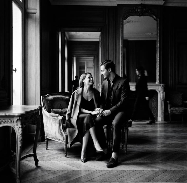 High-contrast black and white photography, natural directional light, deep shadows, elegant editorial composition, 35mm film grain, a high-fashion couple in a Parisian salon, candid moment, wide architectural frame, soft window light, deep shadows.