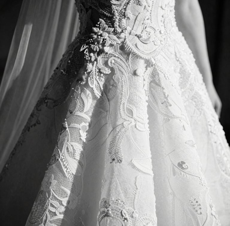Black and white close-up photograph of delicate lace texture on a wedding gown, natural directional light creating deep shadows and high contrast, elegant editorial composition, 35mm film grain.