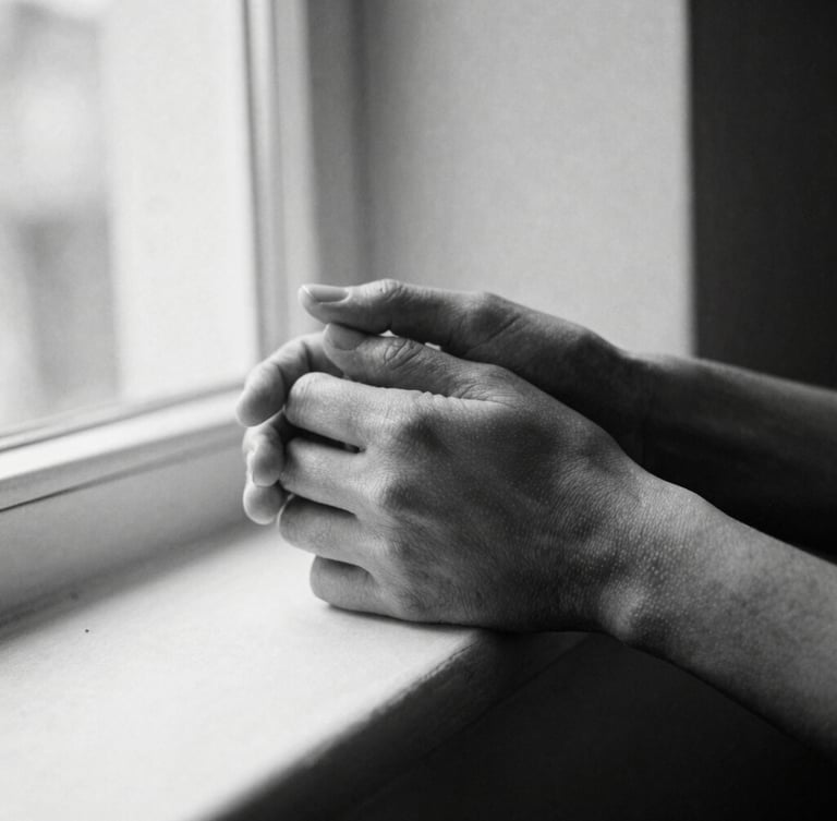 High-contrast black and white photography, natural directional light, deep shadows, elegant editorial composition, 35mm film grain, intimate close-up of intertwined hands, delicate fabric texture, soft window light, quiet geometry.